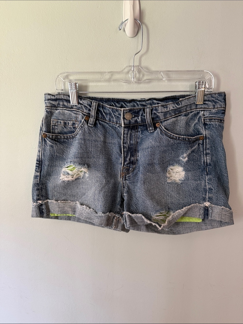 Tommy Hilfiger Blue Distressed Denim Low-Rise Shorts with Lime Accent Hips 30”
